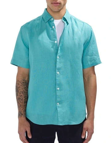 Felix Short Sleeve Linen Shirt in Teal Green
