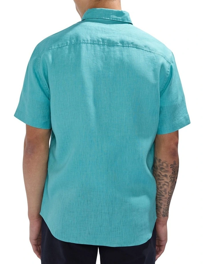 Felix Short Sleeve Linen Shirt in Teal Green image 4