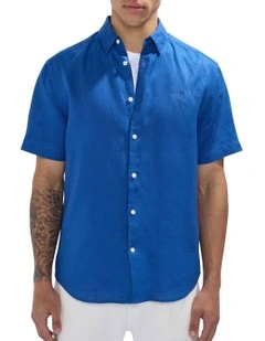 Felix Short Sleeve Linen Shirt in Cobalt Blue
