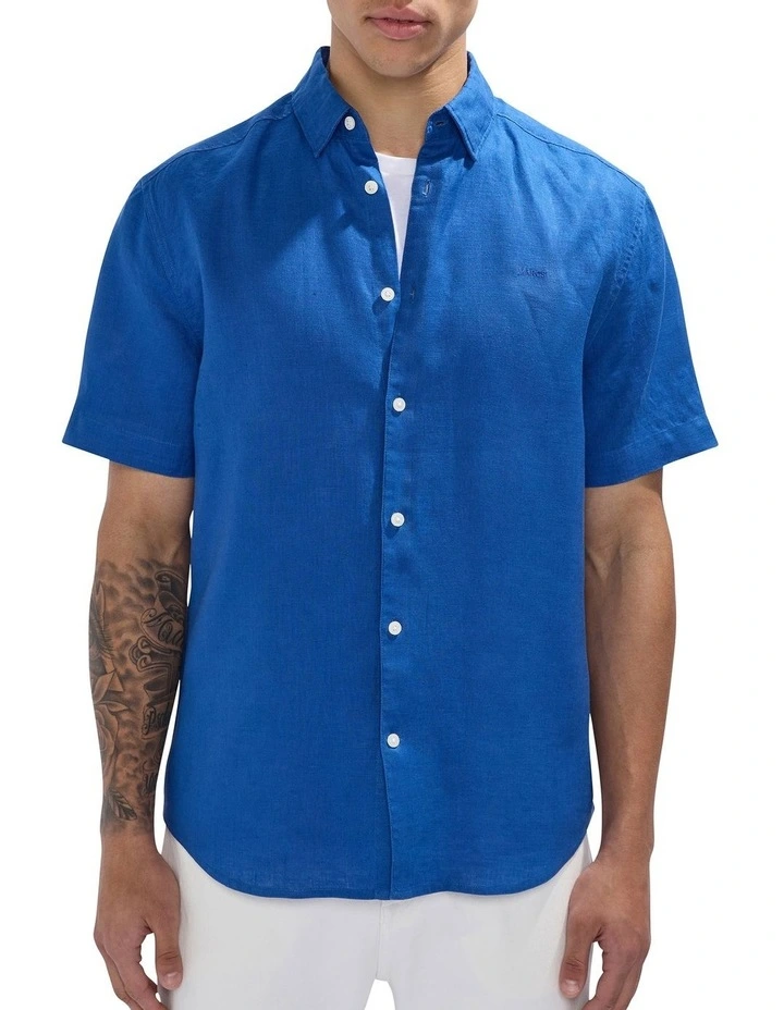Felix Short Sleeve Linen Shirt in Cobalt Blue image 1