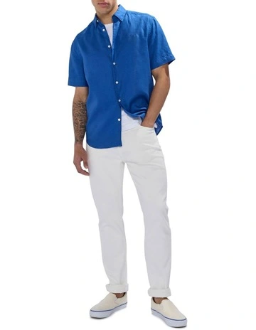 Felix Short Sleeve Linen Shirt in Cobalt Blue