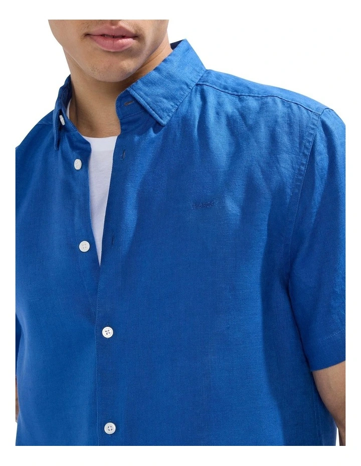 Felix Short Sleeve Linen Shirt in Cobalt Blue image 3