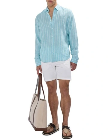 Felix Long Sleeve Stripe Linen Shirt in Blue