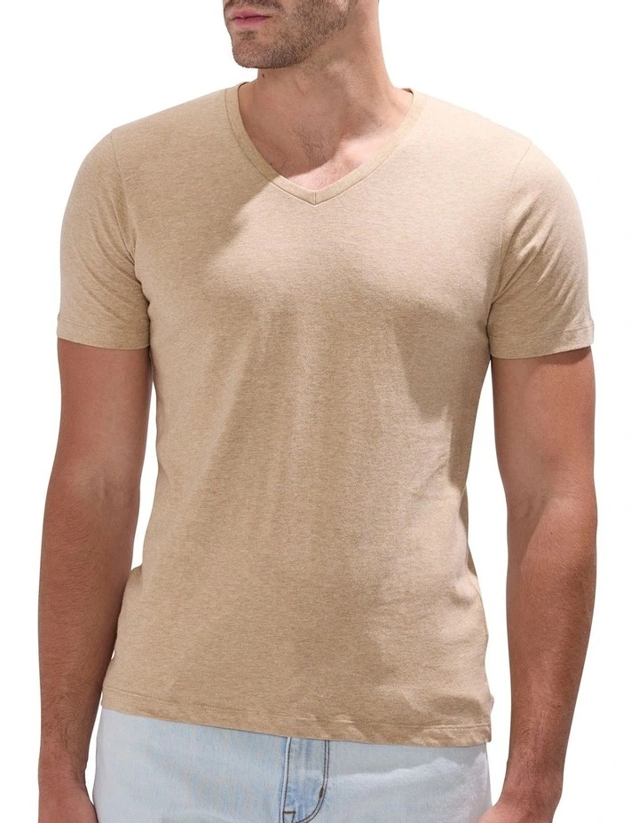 Arnie V Neck T-shirt in Camel Marle image 1