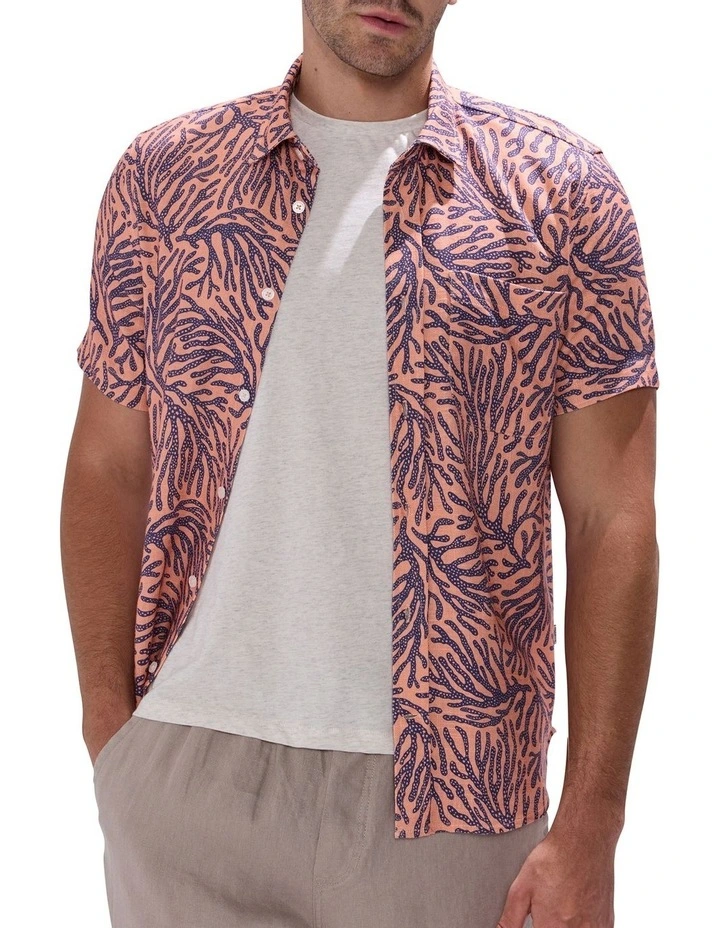 Once And Coral Linen Mix Shirt in Peach Multi image 1