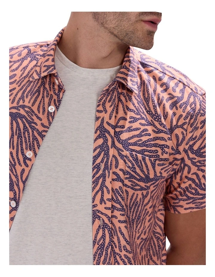 Once And Coral Linen Mix Shirt in Peach Multi image 3