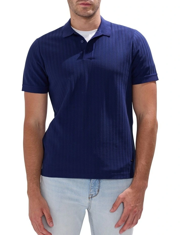 Henry Herringbone Polo Shirt in Navy image 1