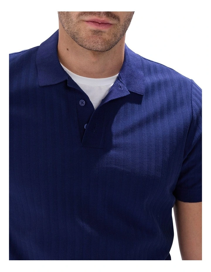 Henry Herringbone Polo Shirt in Navy image 3
