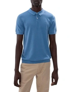 Noah Textured Knit Polo in Mid Blue