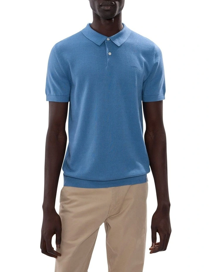 Noah Textured Knit Polo in Mid Blue image 1