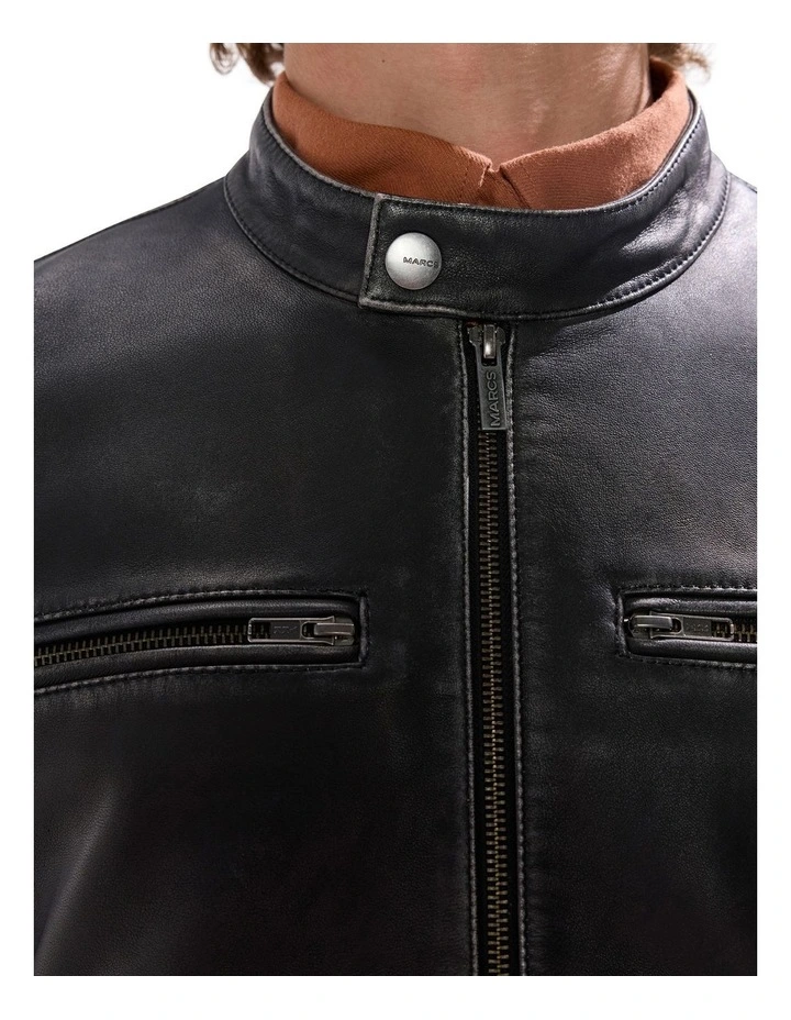 Oaks Leather Biker Jacket in Black image 3