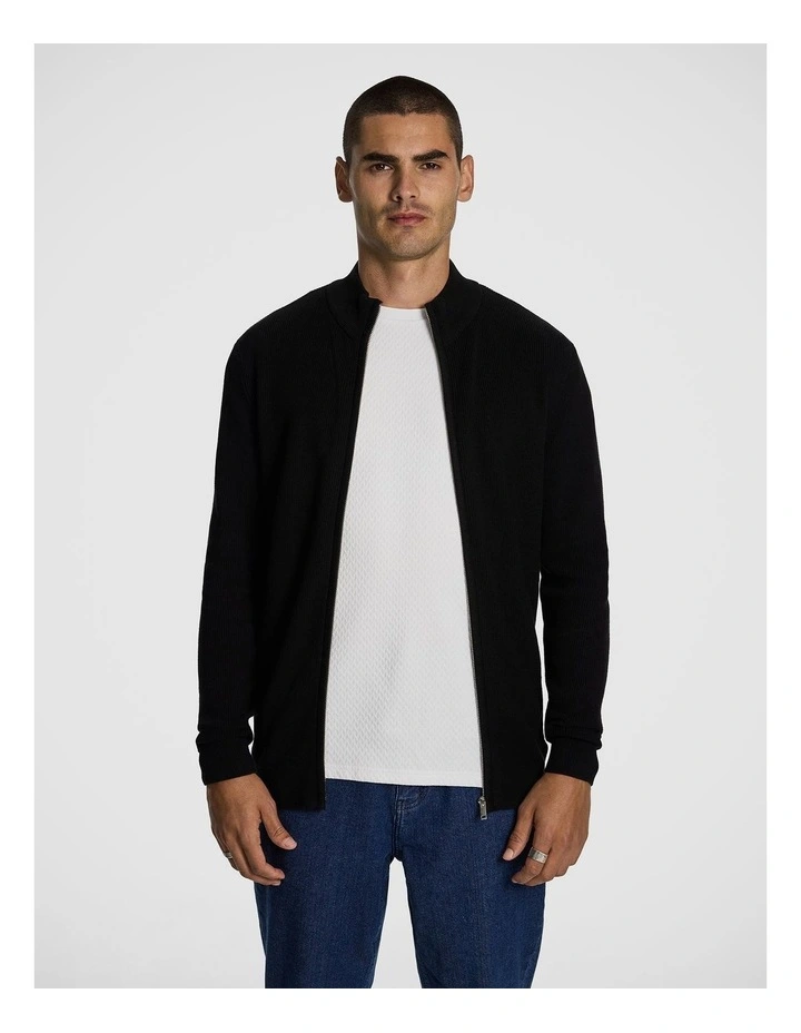 Adam Zip Through Knit Cardigan in Black image 1