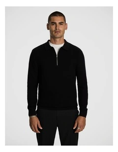 Angus Long Sleeve Polo Knit Jumper in Black