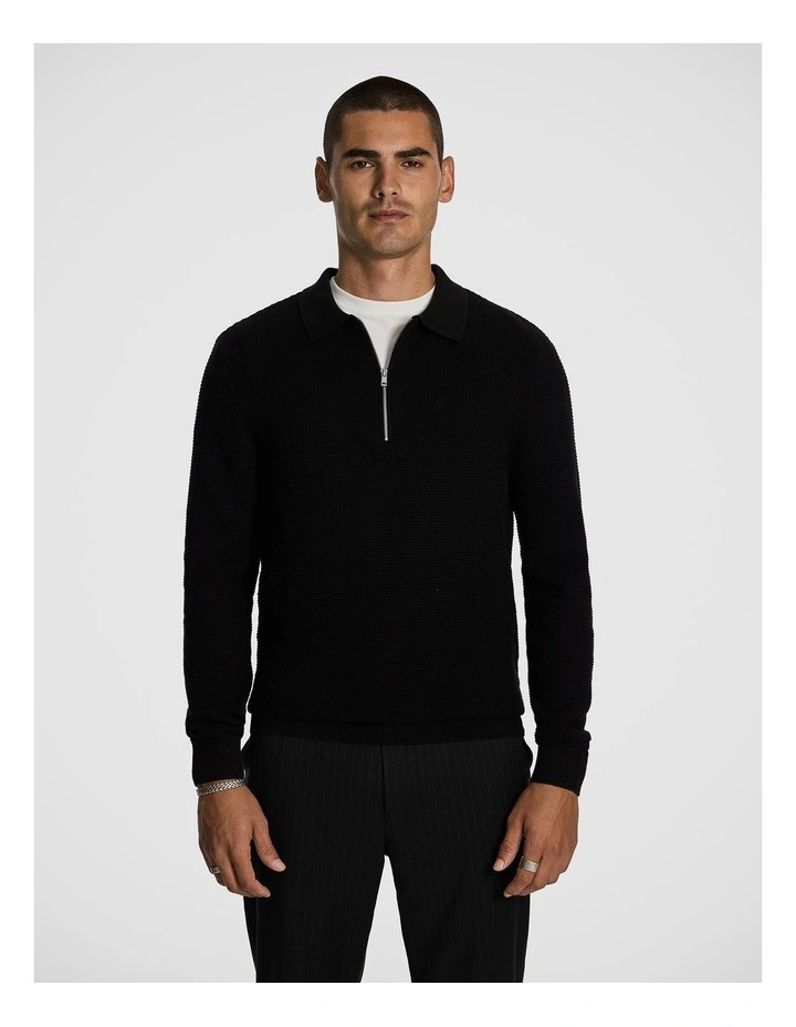 Angus Long Sleeve Polo Knit Jumper in Black image 1