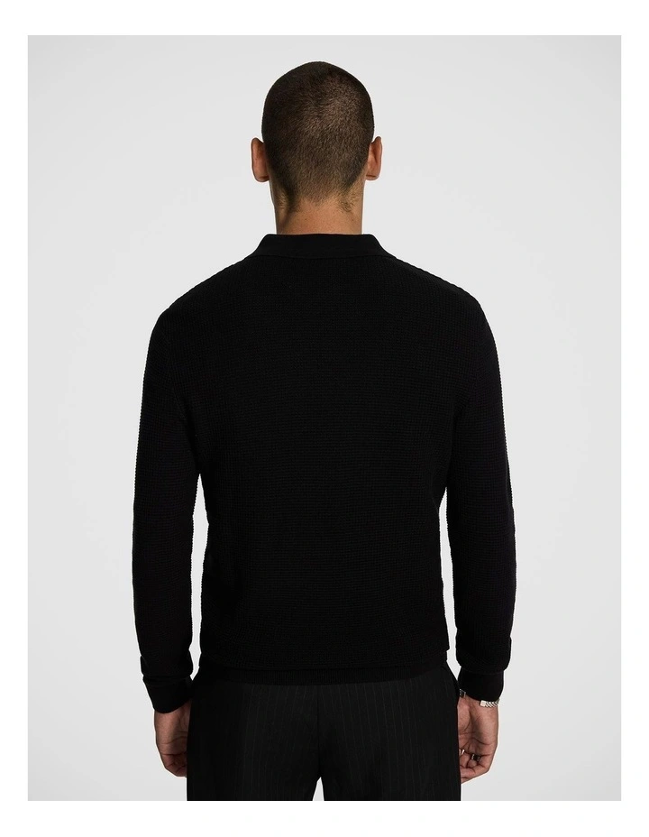Angus Long Sleeve Polo Knit Jumper in Black image 2