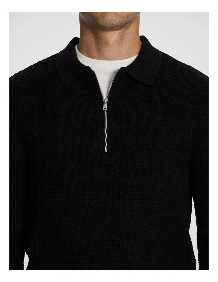 Angus Long Sleeve Polo Knit Jumper in Black image 3