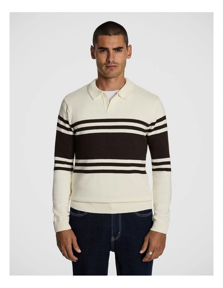 Leon Stripe Polo Knit Jumper in Off White image 1