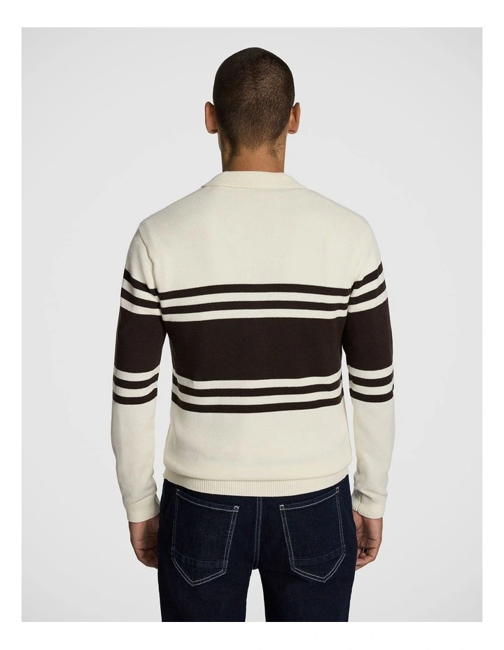Leon Stripe Polo Knit Jumper in Off White image 2
