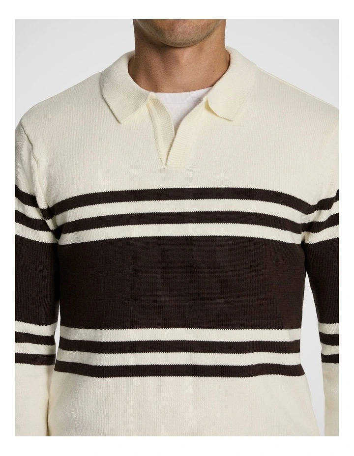 Leon Stripe Polo Knit Jumper in Off White image 3