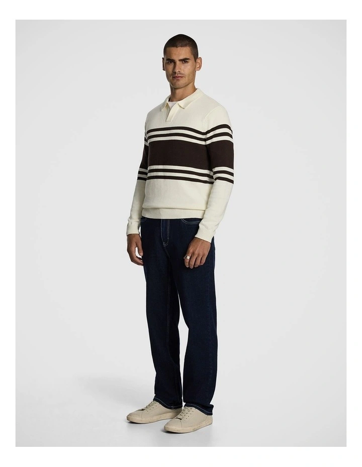 Leon Stripe Polo Knit Jumper in Off White image 4