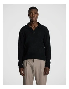 Asher Fluffy Polo Knit Jumper in Black