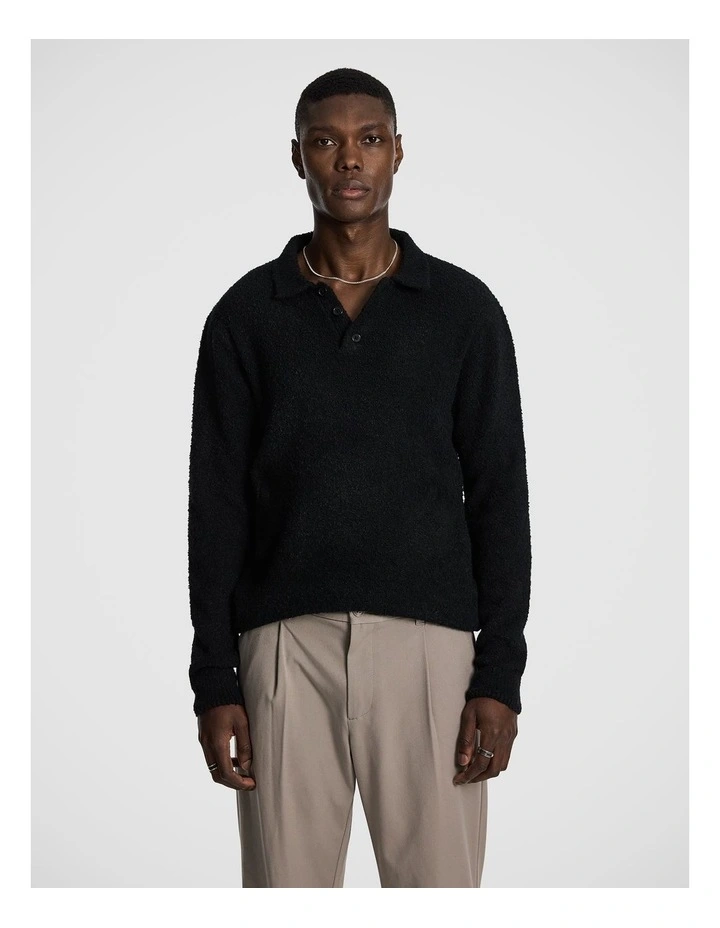 Asher Fluffy Polo Knit Jumper in Black image 1
