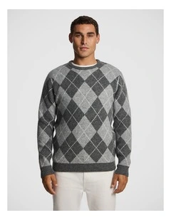 Hamish Crew Argyle Knit Jumper in Grey