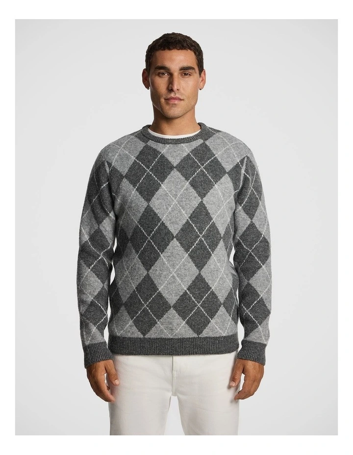 Hamish Crew Argyle Knit Jumper in Grey image 1
