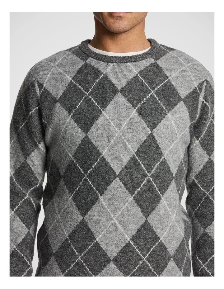 Hamish Crew Argyle Knit Jumper in Grey image 3