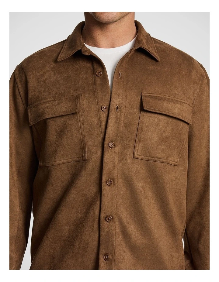Slate Mock Suede Overshirt in Camel image 3