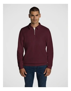 Cole Long Sleeve Polo Jumper in Burgundy