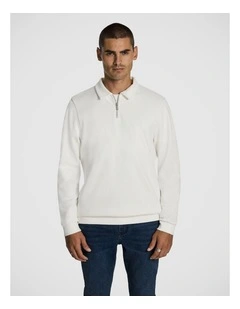 Cole Long Sleeve Polo Jumper in Off White