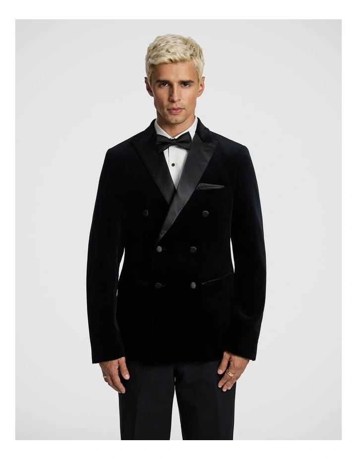 Benedict Double Breasted Velvet Blazer in Black image 1