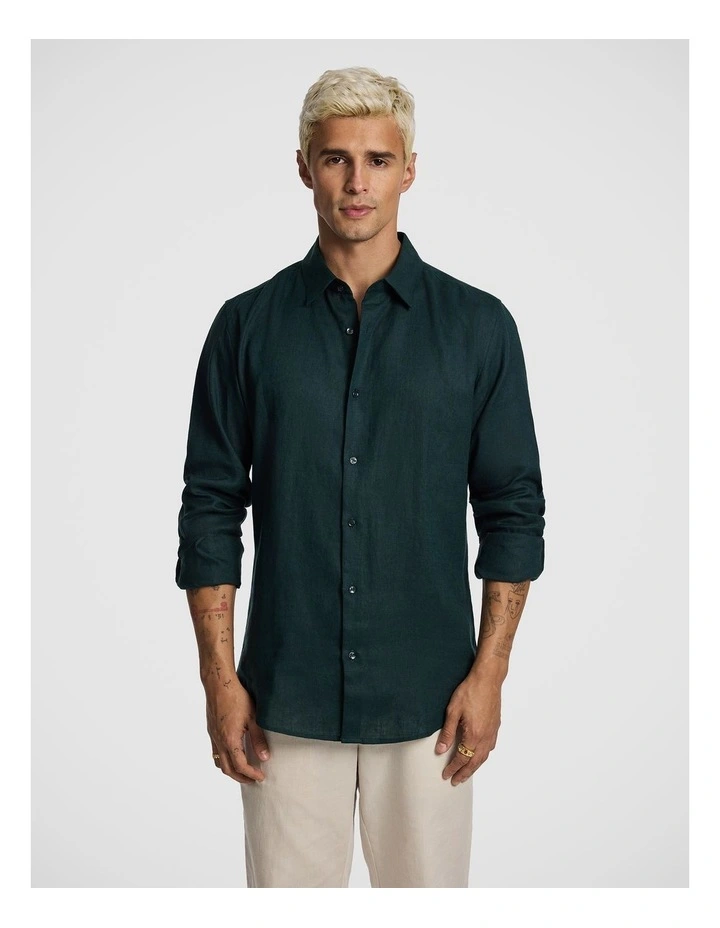Malta Smart Slim Linen Shirt in Dark Green image 1