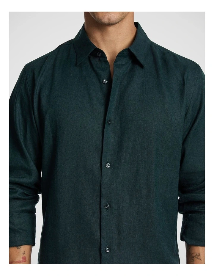 Malta Smart Slim Linen Shirt in Dark Green image 3