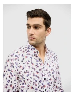 Two-tone Floral Print Long Sleeve Shirt in White