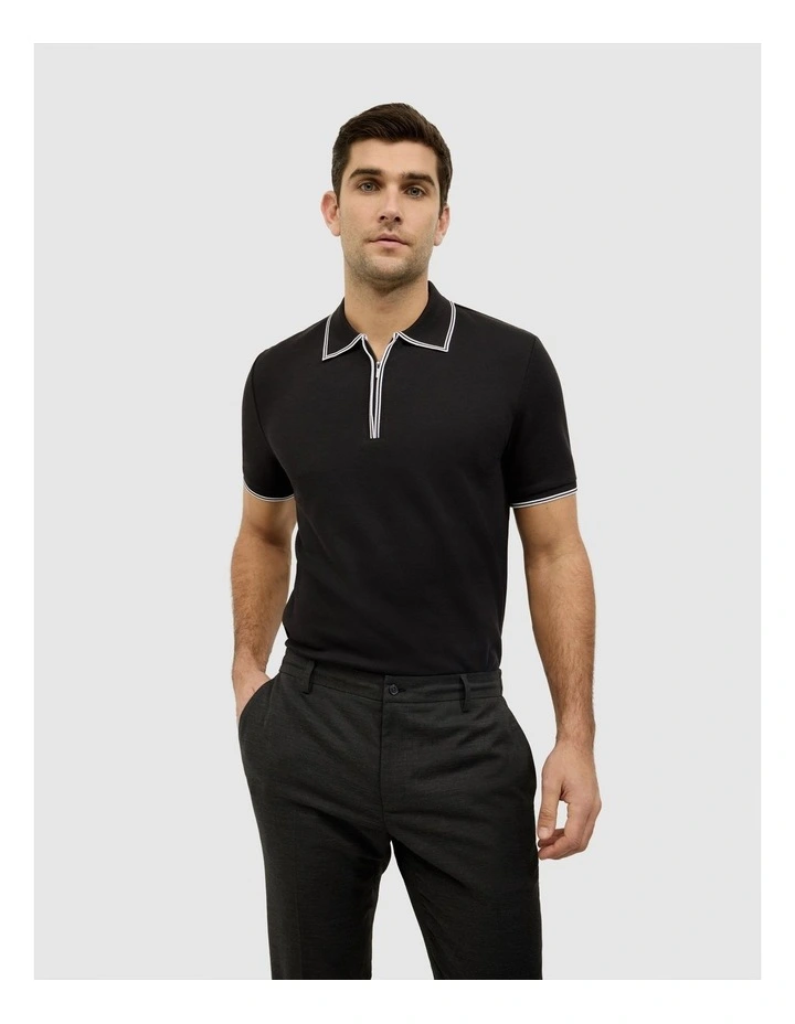 Textured Zip Collar Polo in Black image 1