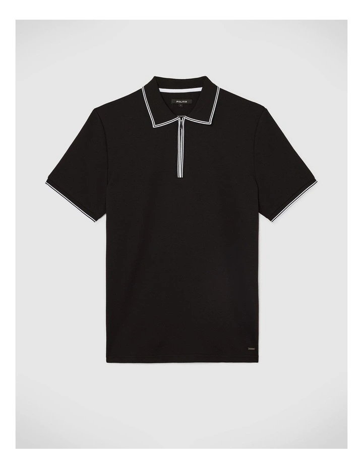Textured Zip Collar Polo in Black image 2