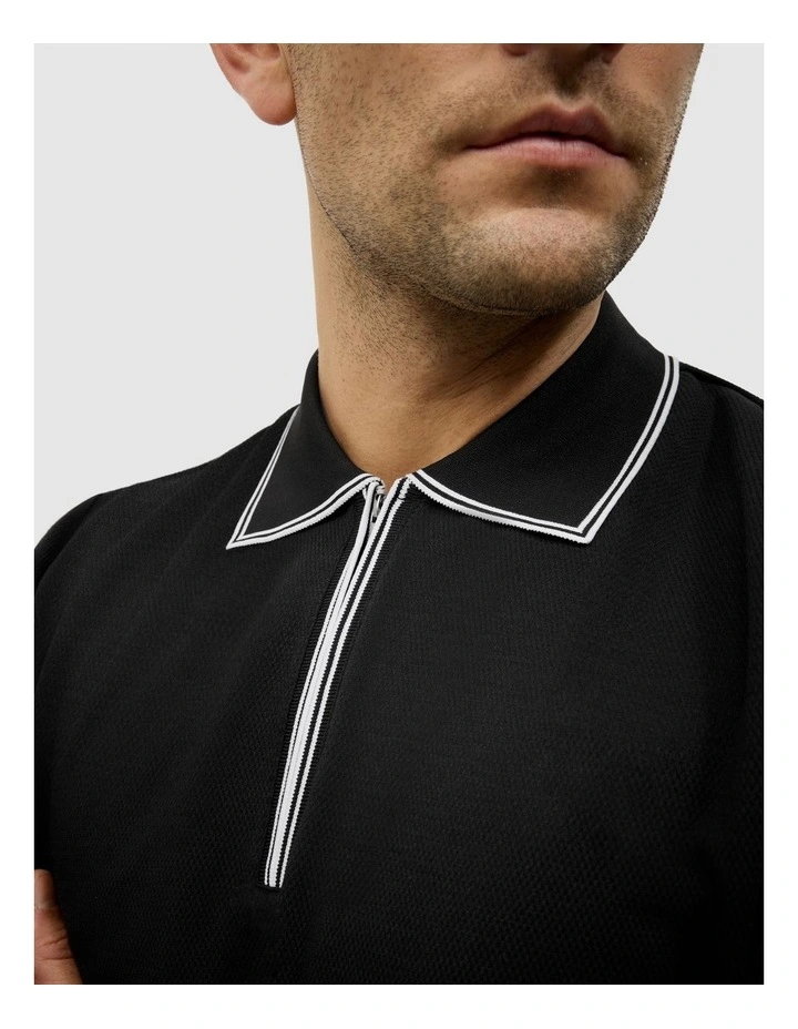 Textured Zip Collar Polo in Black image 4
