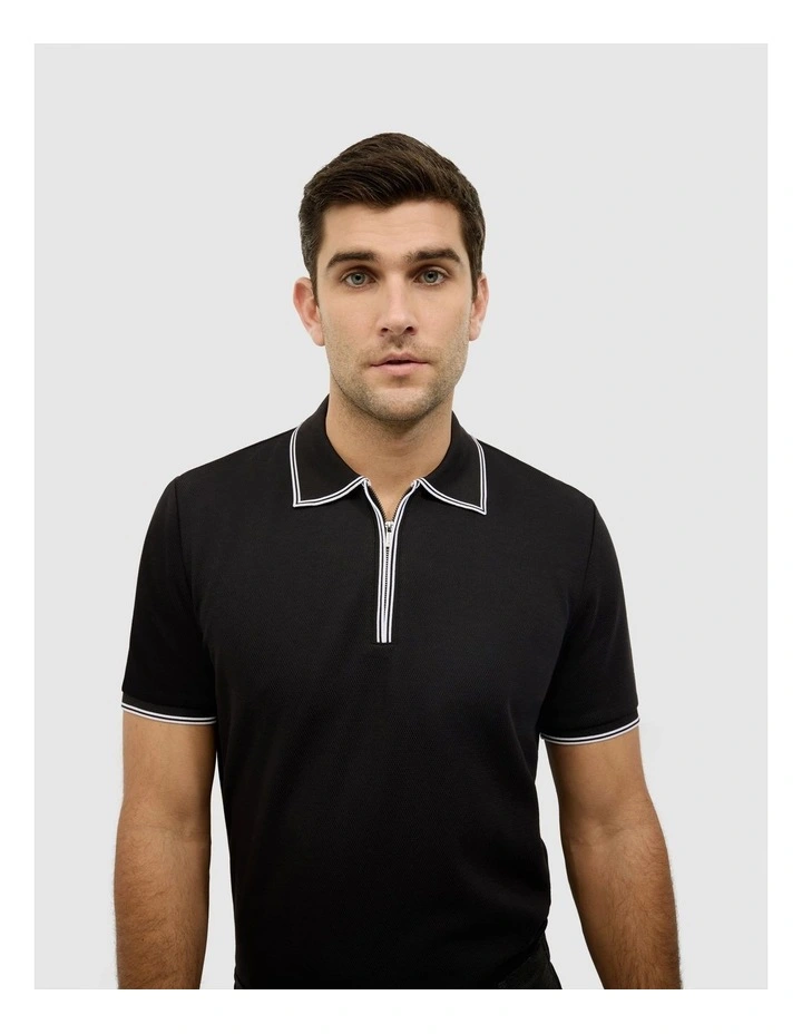 Textured Zip Collar Polo in Black image 5