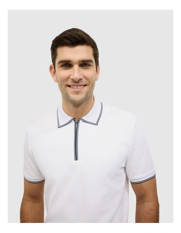 Textured Zip Collar Polo in White image 1