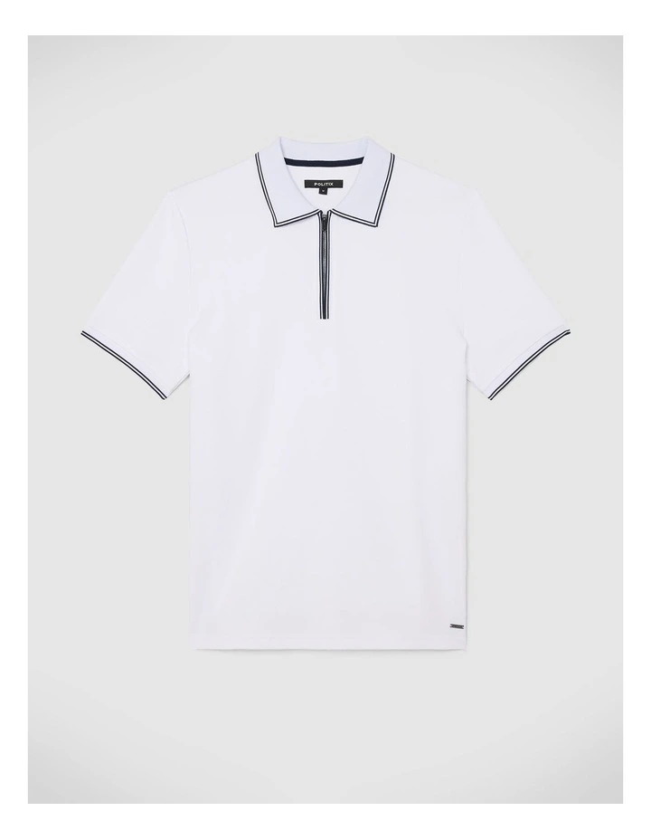 Textured Zip Collar Polo in White image 2