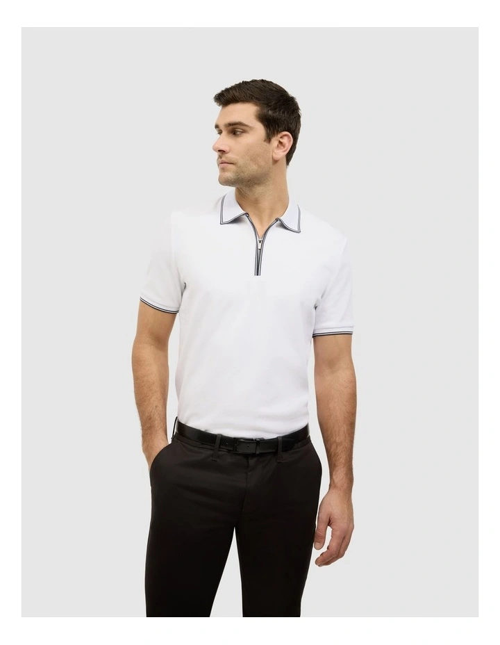Textured Zip Collar Polo in White image 4