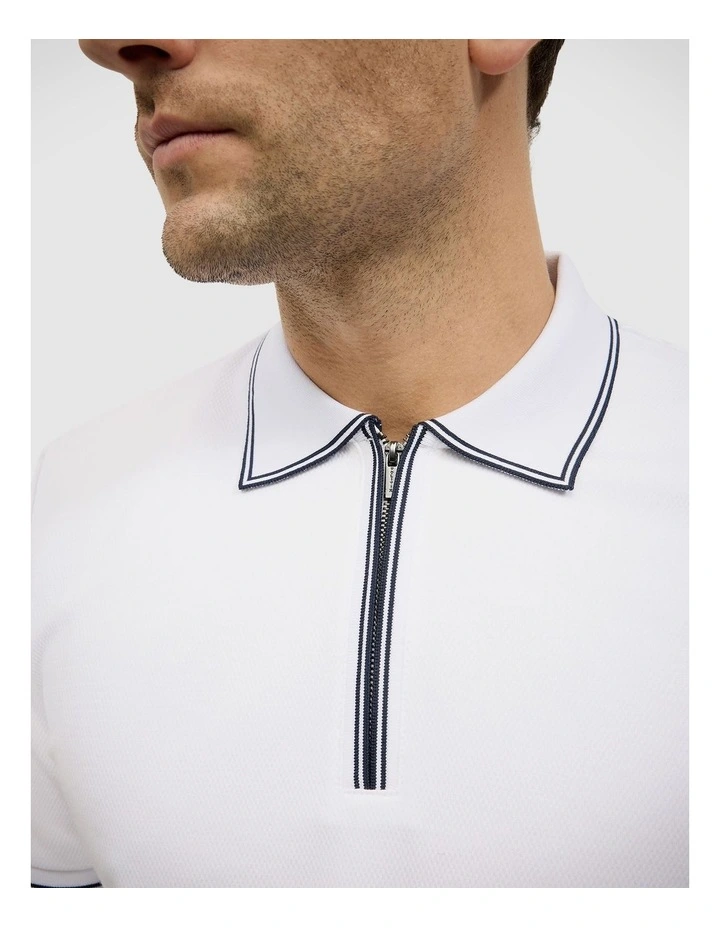 Textured Zip Collar Polo in White image 5