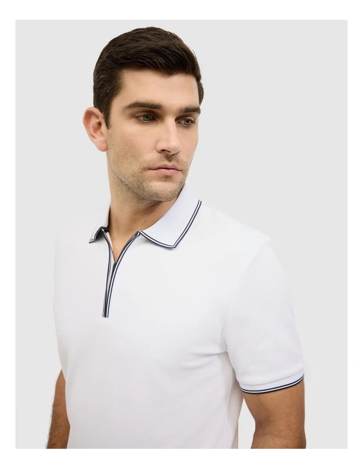 Textured Zip Collar Polo in White image 6