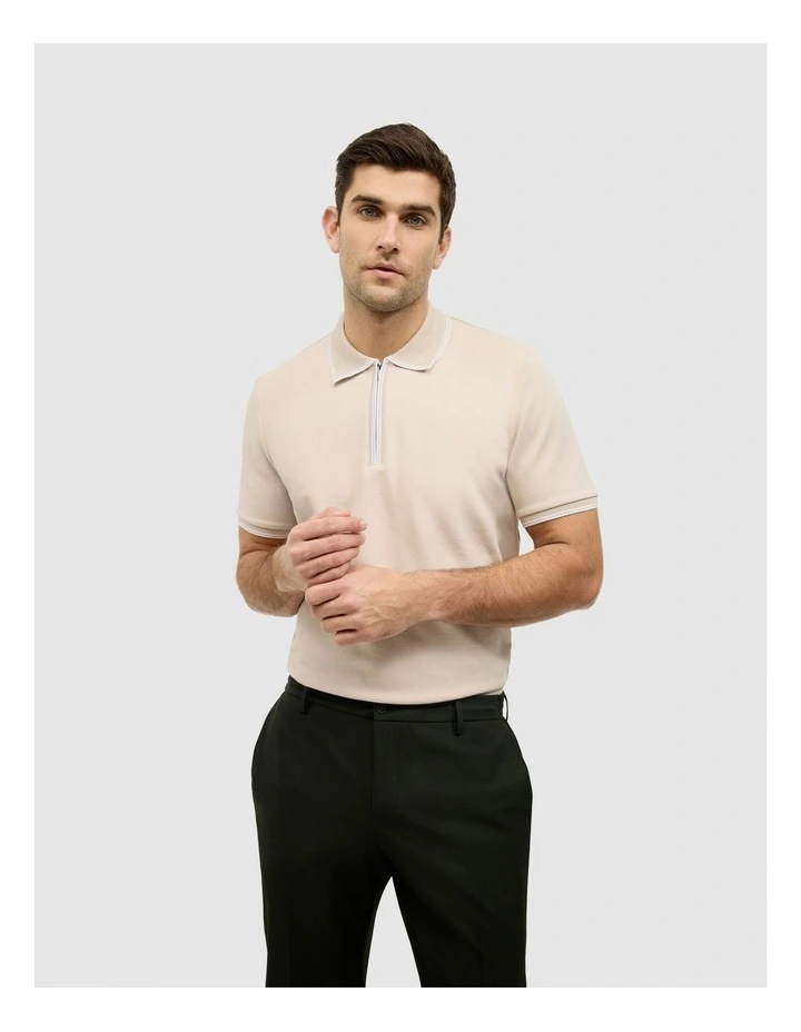 Textured Zip Collar Polo in Natural image 3