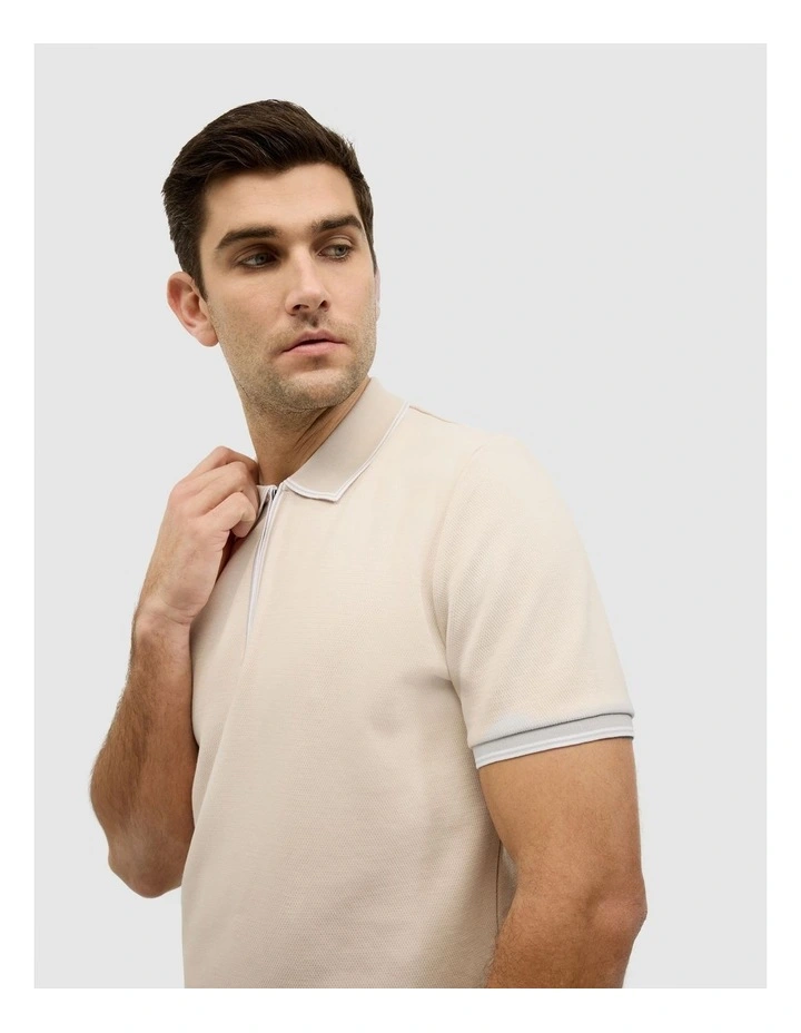 Textured Zip Collar Polo in Natural image 5