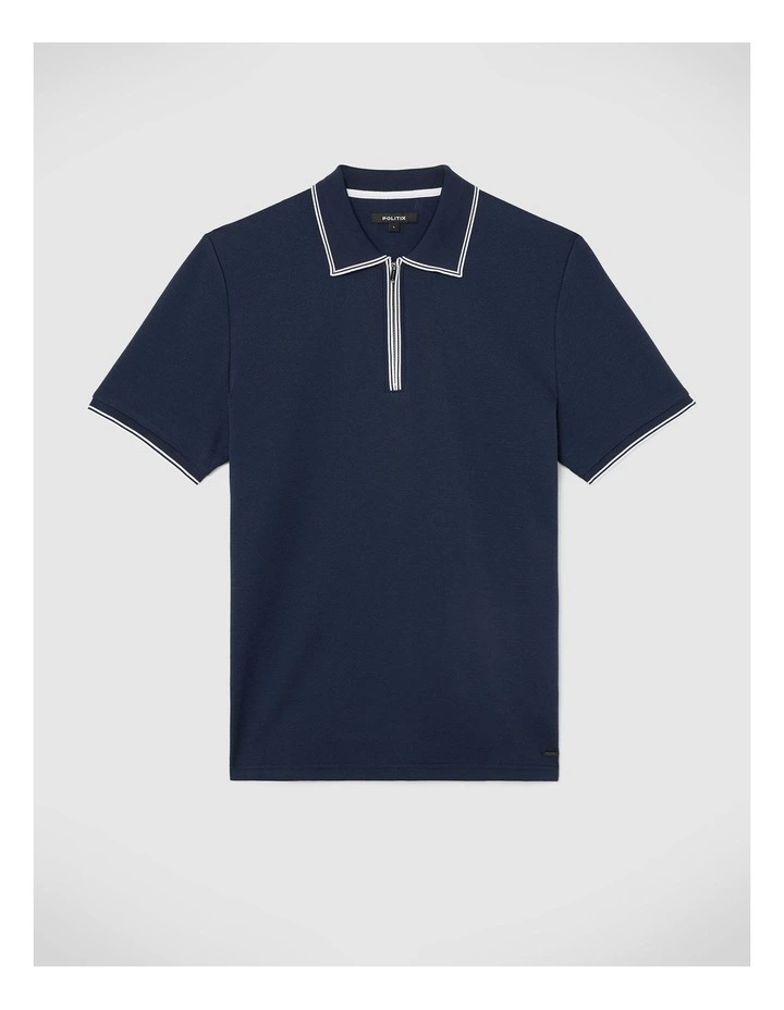 Textured Zip Collar Polo in Navy image 2