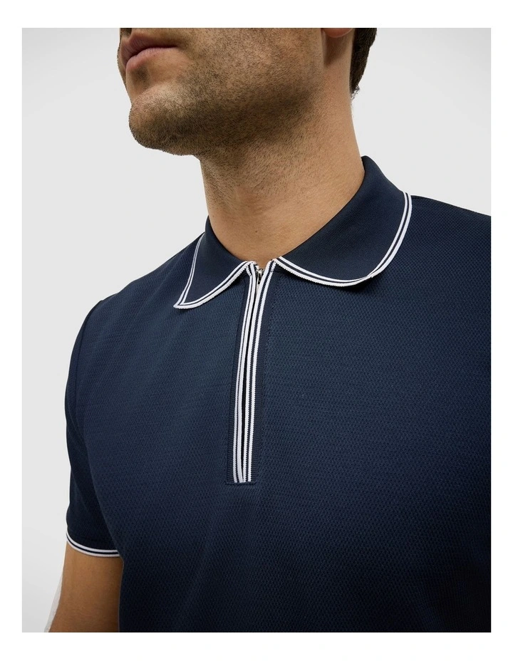 Textured Zip Collar Polo in Navy image 4