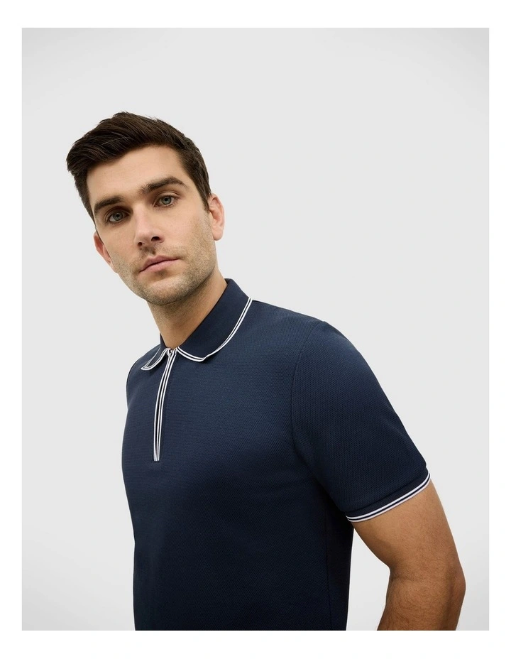Textured Zip Collar Polo in Navy image 5